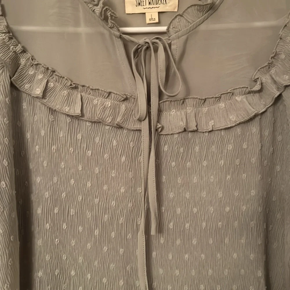 SWEET WANDERER Sage Green Ruffle Neckline Polka Dotted Sheer Blouse Size Large - Picture 6 of 8